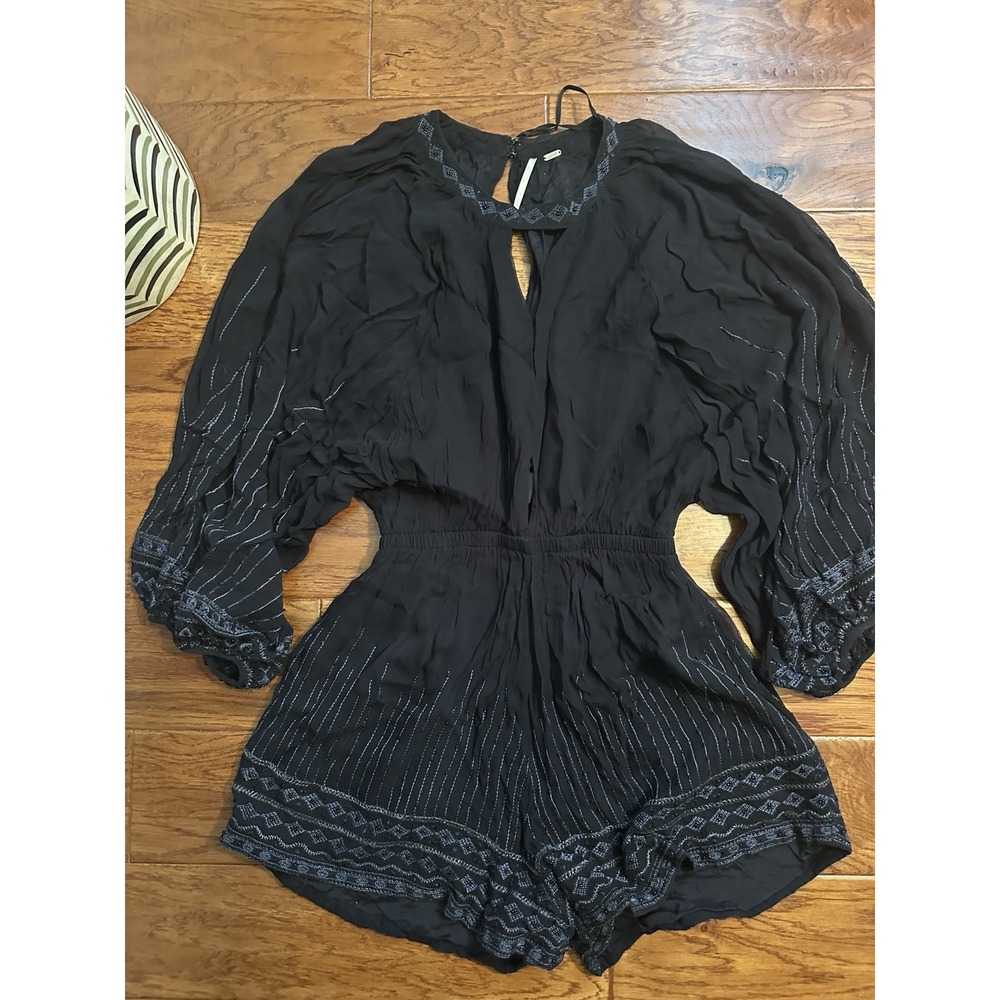 Free People Beaded Embroidered Romper Deep V-Neck Front Back Cutout S